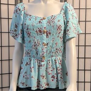 Mi Ami Blue Gauze Ruched Peasant Style Top Blouse